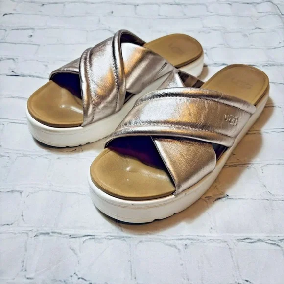 UGG Women Size 7.5 Zayne Crossband Rose Gold Metallic Slip On Platform Sandals - Picture 3 of 11